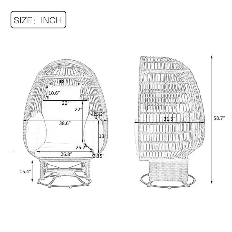 Fauteuil de jardin pivotant en rotin en forme d'œuf avec fonction bascule et coussins
