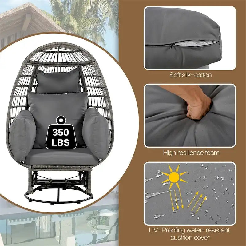 Fauteuil de jardin pivotant en rotin en forme d'œuf avec fonction bascule et coussins