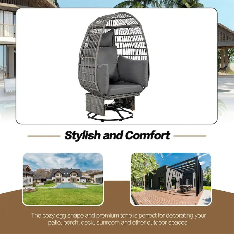 Fauteuil de jardin pivotant en rotin en forme d'œuf avec fonction bascule et coussins
