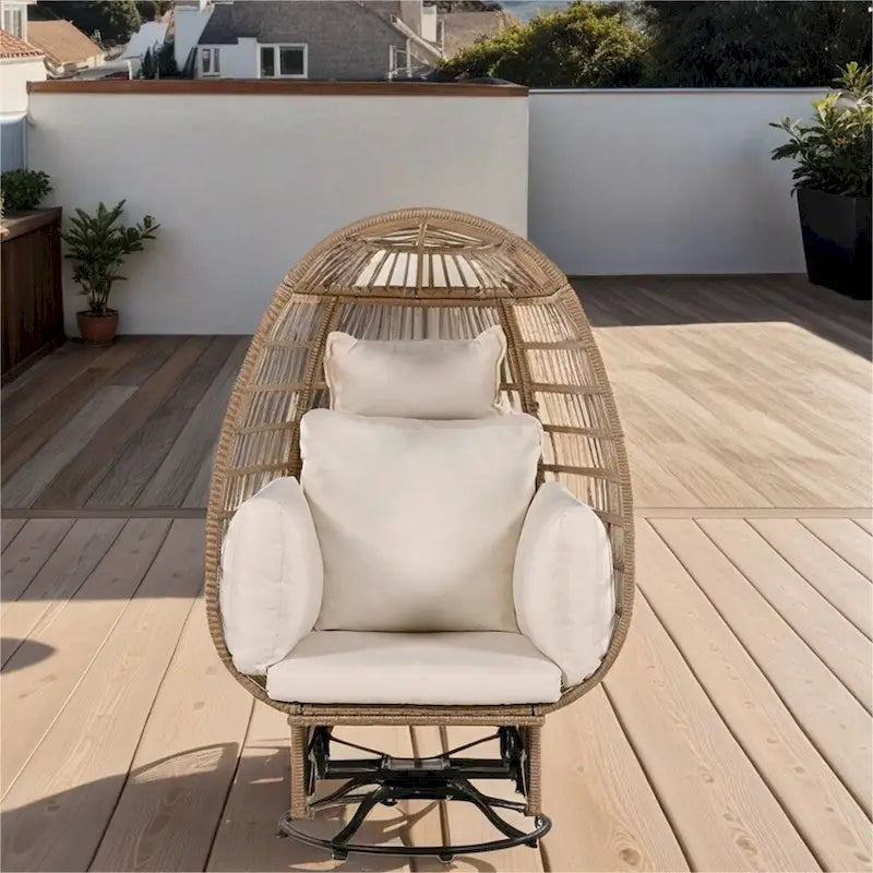 Fauteuil de jardin pivotant en rotin en forme d'œuf avec fonction bascule et coussins
