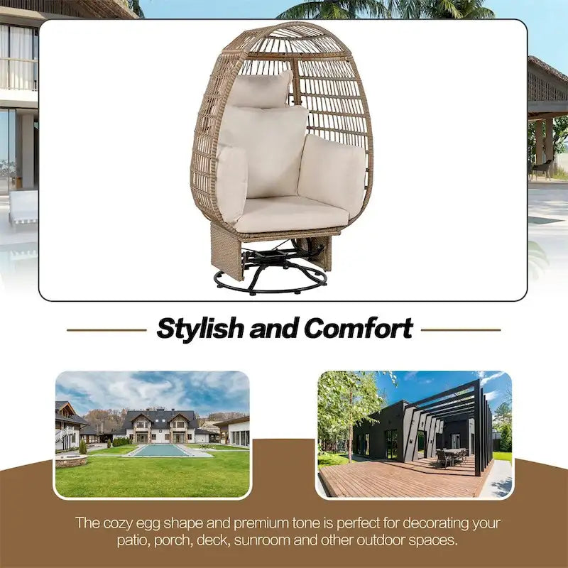 Fauteuil de jardin pivotant en rotin en forme d'œuf avec fonction bascule et coussins