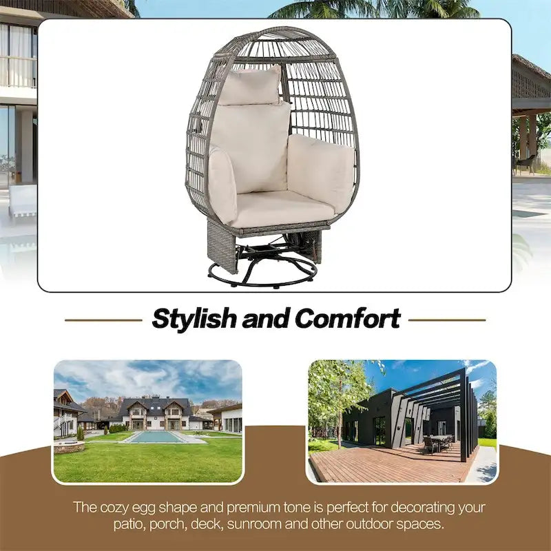 Fauteuil de jardin pivotant en rotin en forme d'œuf avec fonction bascule et coussins