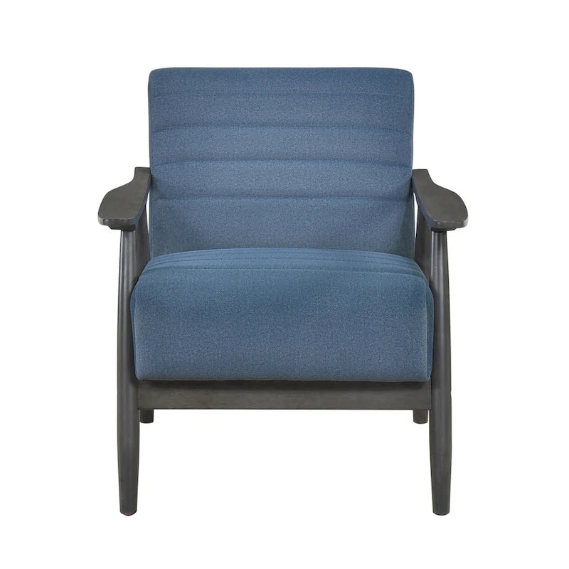 Fauteuil d'appoint Tira 81 cm, capitonnage en canaux, velours bleu, bois massif gris