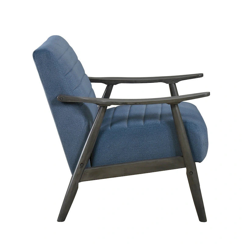 Fauteuil d'appoint Tira 81 cm, capitonnage en canaux, velours bleu, bois massif gris