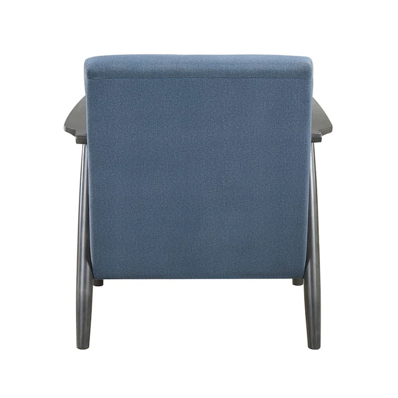 Fauteuil d'appoint Tira 81 cm, capitonnage en canaux, velours bleu, bois massif gris