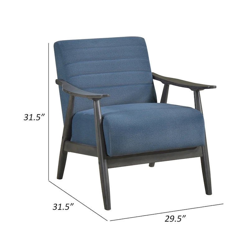 Fauteuil d'appoint Tira 81 cm, capitonnage en canaux, velours bleu, bois massif gris