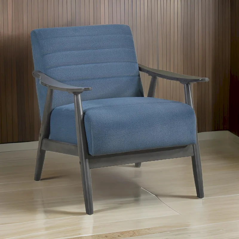 Fauteuil d'appoint Tira 81 cm, capitonnage en canaux, velours bleu, bois massif gris