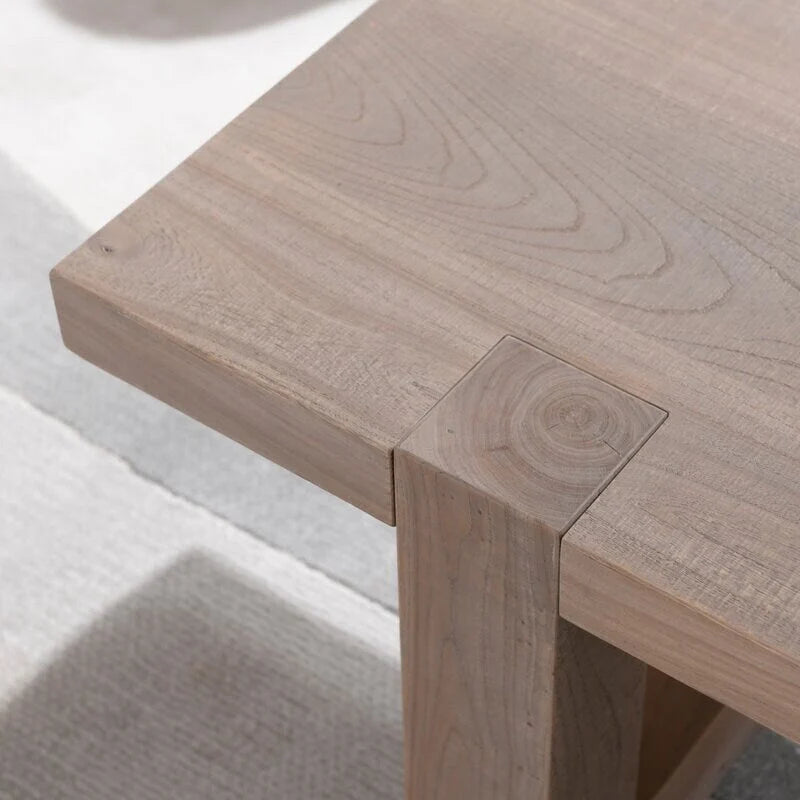 Table basse rustique en bois d'orme gris avec pieds en forme de traîneau