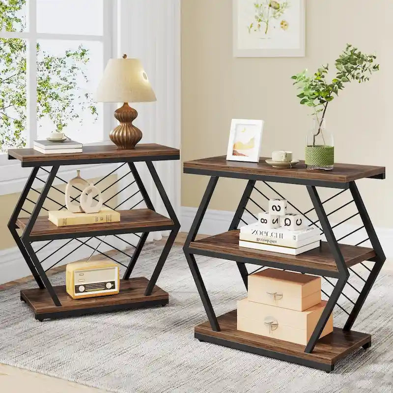 Table d'appoint à 3 niveaux avec structure en métal, idéale comme table de chevet ou table de nuit pour le salon ou la chambre.