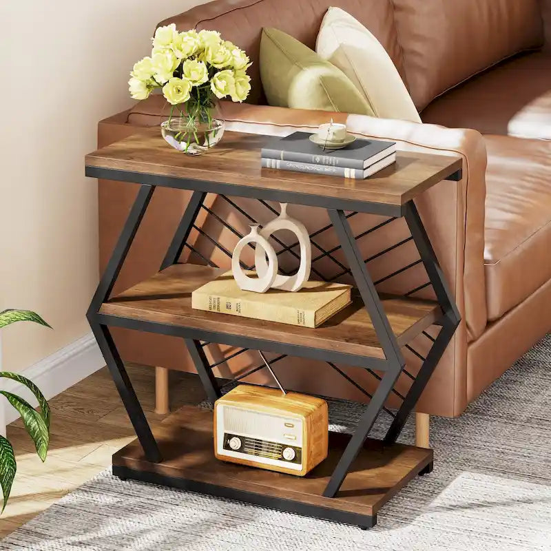 Table d'appoint à 3 niveaux avec structure en métal, idéale comme table de chevet ou table de nuit pour le salon ou la chambre.
