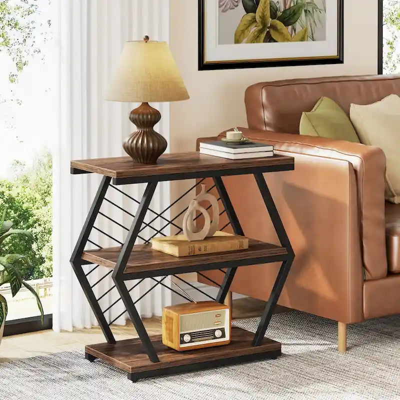Table d'appoint à 3 niveaux avec structure en métal, idéale comme table de chevet ou table de nuit pour le salon ou la chambre.