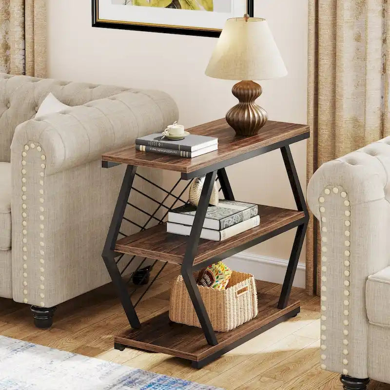 Table d'appoint à 3 niveaux avec structure en métal, idéale comme table de chevet ou table de nuit pour le salon ou la chambre.