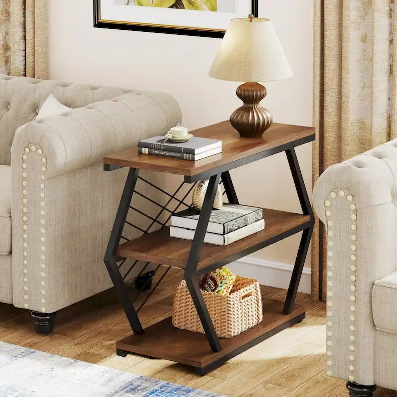 Table d'appoint à 3 niveaux avec structure en métal, idéale comme table de chevet ou table de nuit pour le salon ou la chambre.