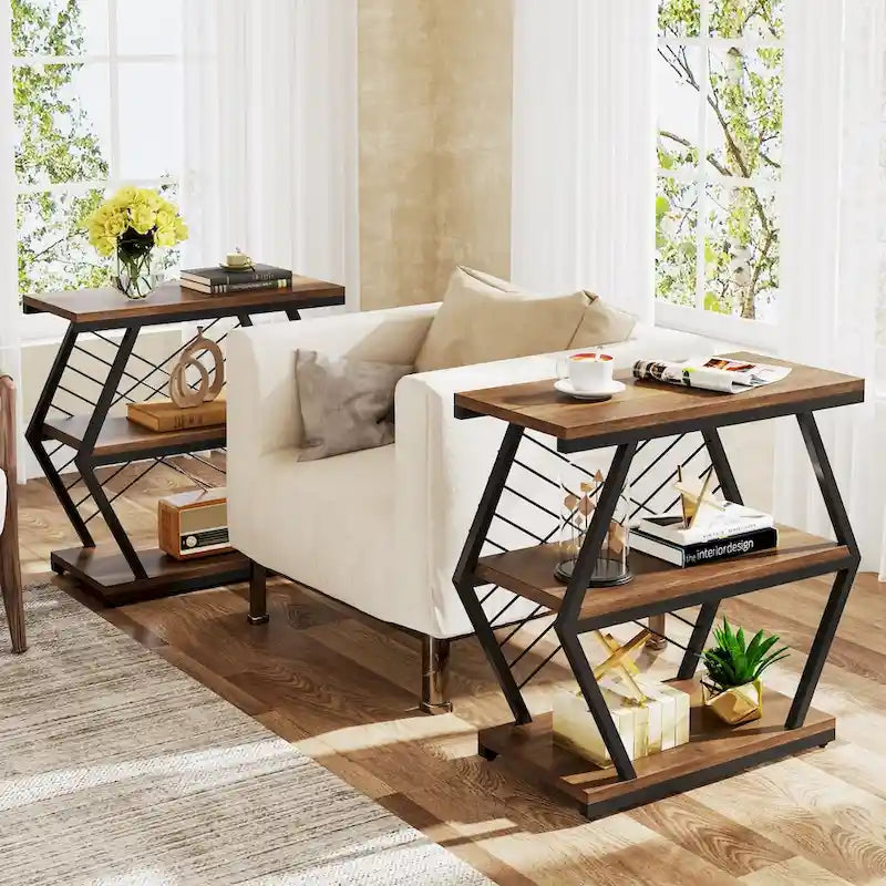 Table d'appoint à 3 niveaux avec structure en métal, idéale comme table de chevet ou table de nuit pour le salon ou la chambre.