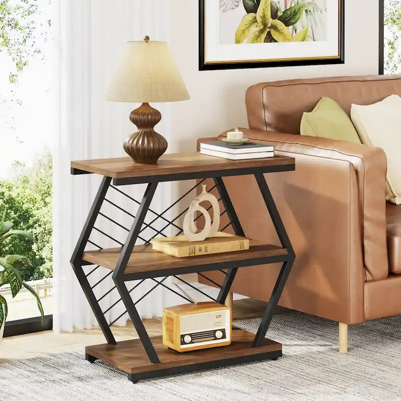 Table d'appoint à 3 niveaux avec structure en métal, idéale comme table de chevet ou table de nuit pour le salon ou la chambre.