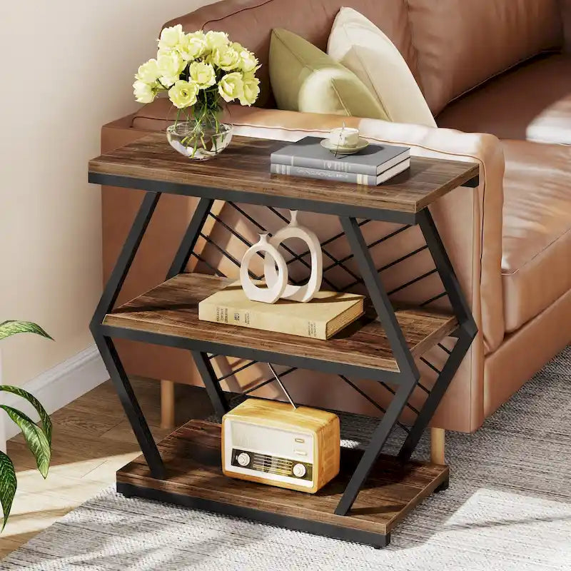 Table d'appoint à 3 niveaux avec structure en métal, idéale comme table de chevet ou table de nuit pour le salon ou la chambre.