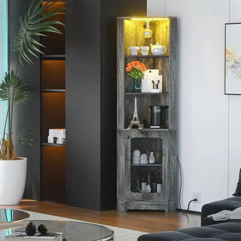 Meuble bar d'angle avec éclairage LED et prise électrique