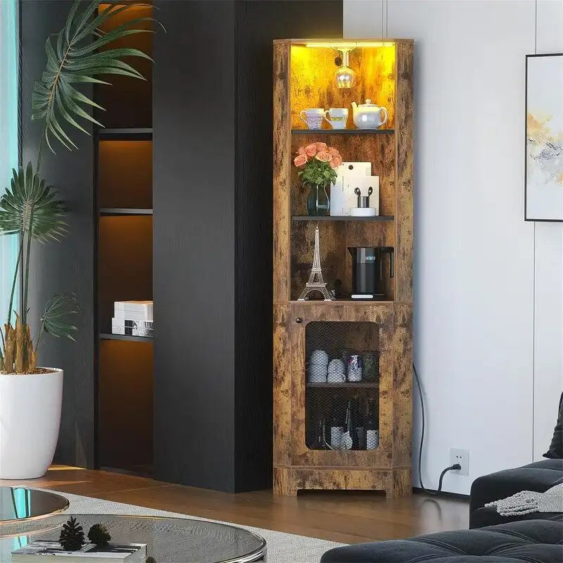 Meuble bar d'angle avec éclairage LED et prise électrique