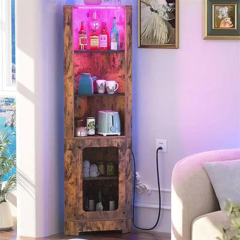 Meuble bar d'angle avec éclairage LED et prise électrique