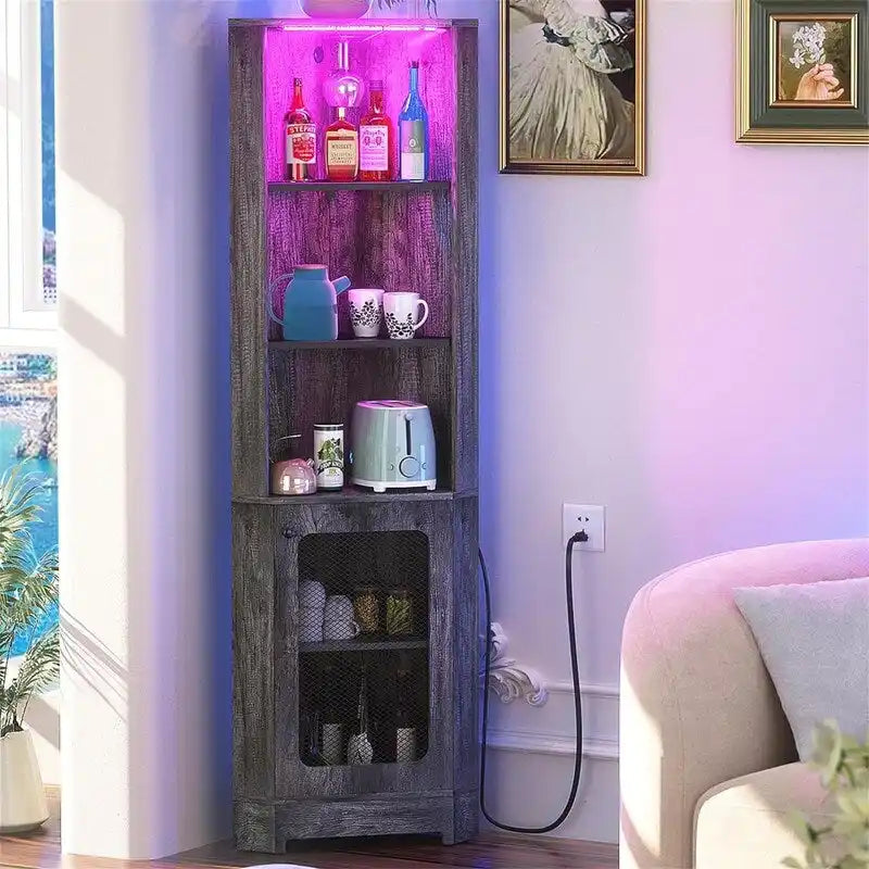 Meuble bar d'angle avec éclairage LED et prise électrique