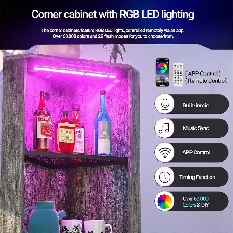 Meuble bar d'angle avec éclairage LED et prise électrique
