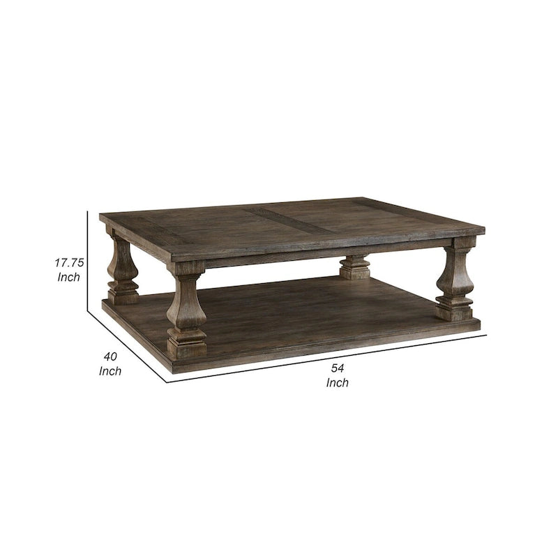 Table basse classique de 137 cm (54 pouces), pieds balustres, plateau spacieux, gris vieilli