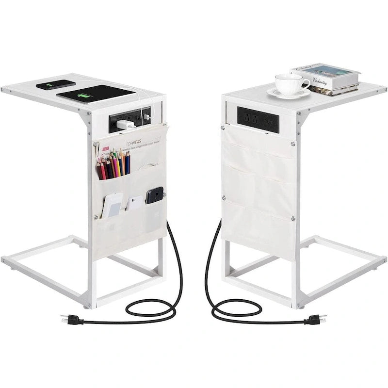 Table d'appoint en forme de C avec station de recharge, lot de 2