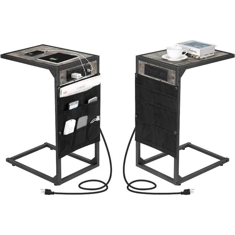 Table d'appoint en forme de C avec station de recharge, lot de 2