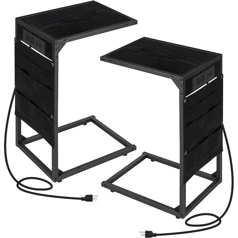 Table d'appoint en forme de C avec station de recharge, lot de 2