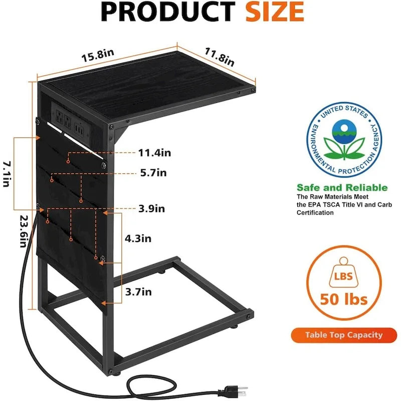 Table d'appoint en forme de C avec station de recharge, lot de 2