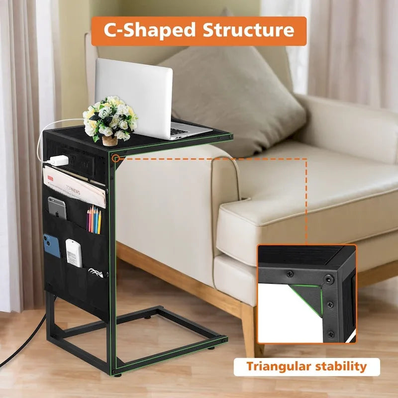 Table d'appoint en forme de C avec station de recharge, lot de 2