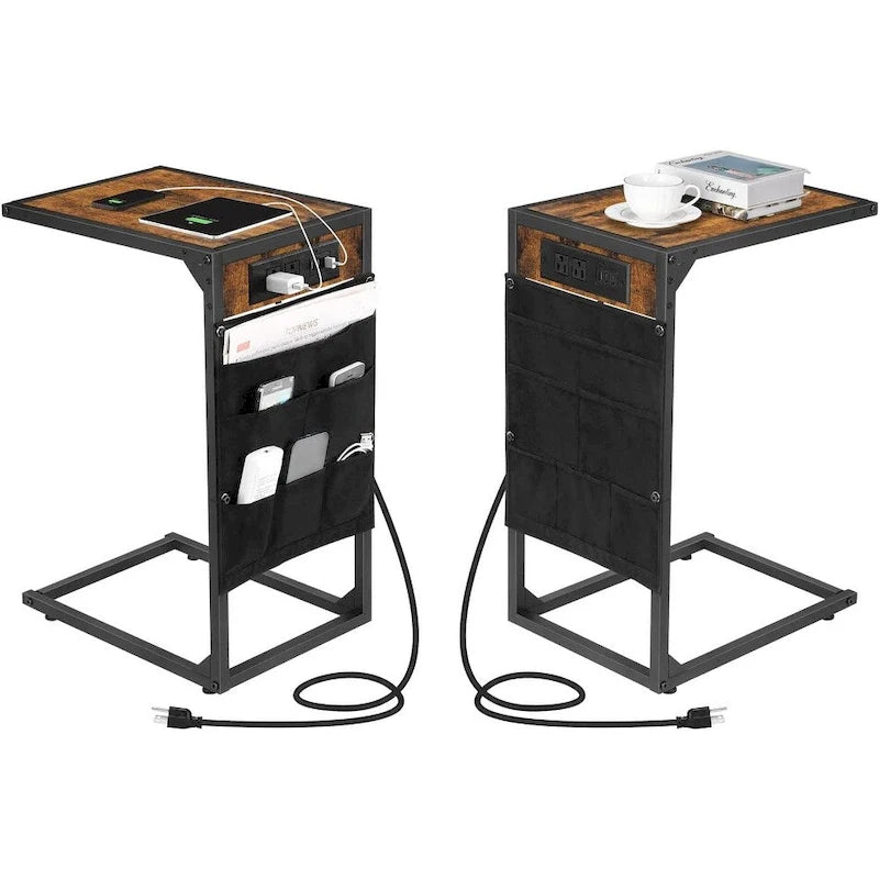 Table d'appoint en forme de C avec station de recharge, lot de 2