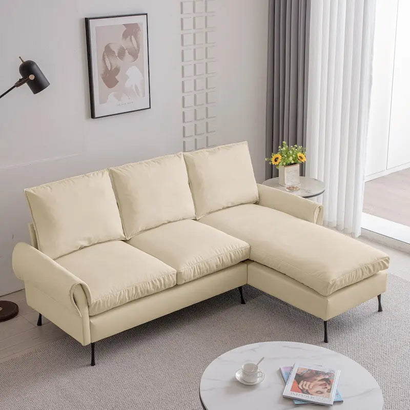 Canapé d'angle contemporain en cuir technique, méridienne réversible, beige
