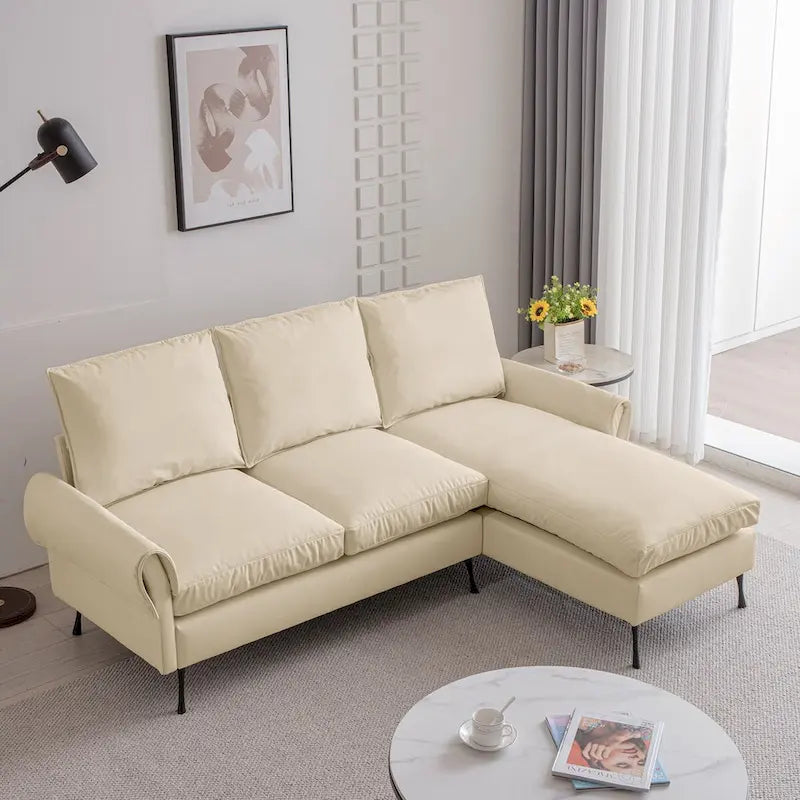 Contemporary Technical Leather L-Shaped Sofa Couch, Reversible Chaise Lounge, Beige