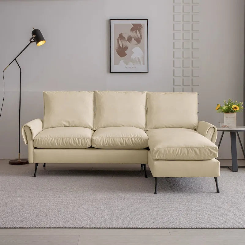 Canapé d'angle contemporain en cuir technique, méridienne réversible, beige
