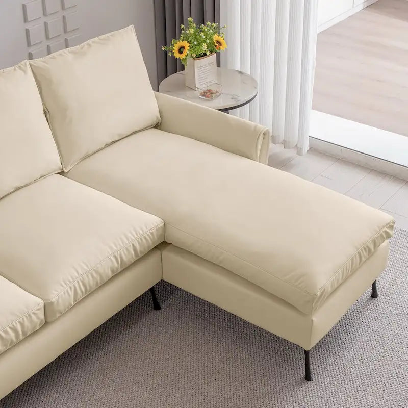 Canapé d'angle contemporain en cuir technique, méridienne réversible, beige