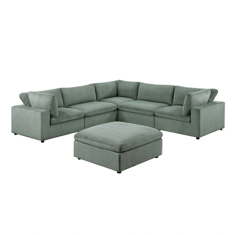 Canapé d'angle modulaire 6 pièces en velours côtelé avec pouf