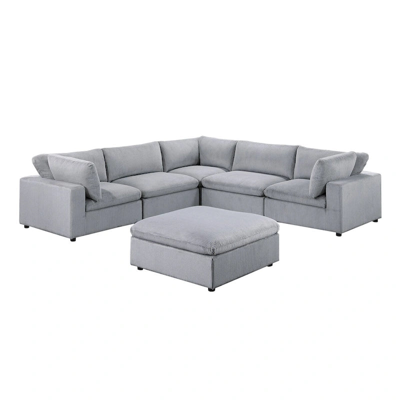 Canapé d'angle modulaire 6 pièces en velours côtelé avec pouf