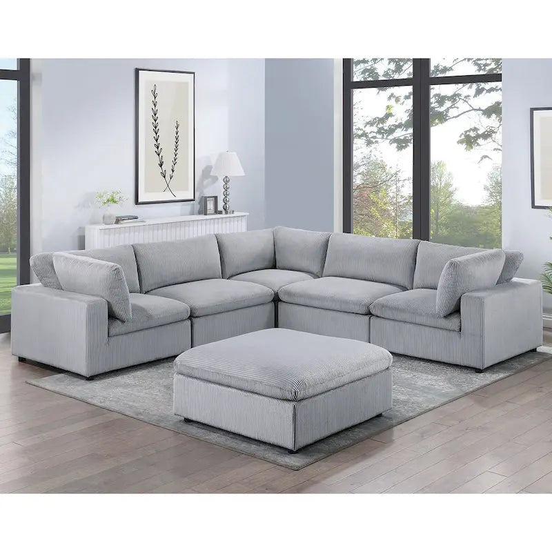 Canapé d'angle modulaire 6 pièces en velours côtelé avec pouf