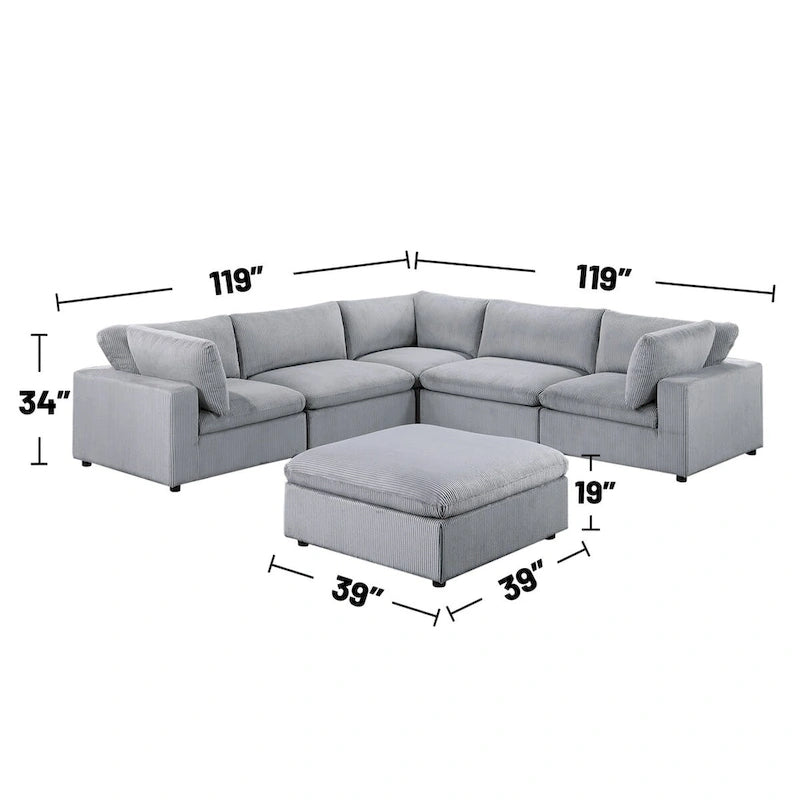 Canapé d'angle modulaire 6 pièces en velours côtelé avec pouf