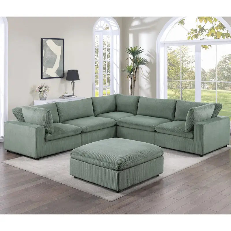 Canapé d'angle modulaire 6 pièces en velours côtelé avec pouf