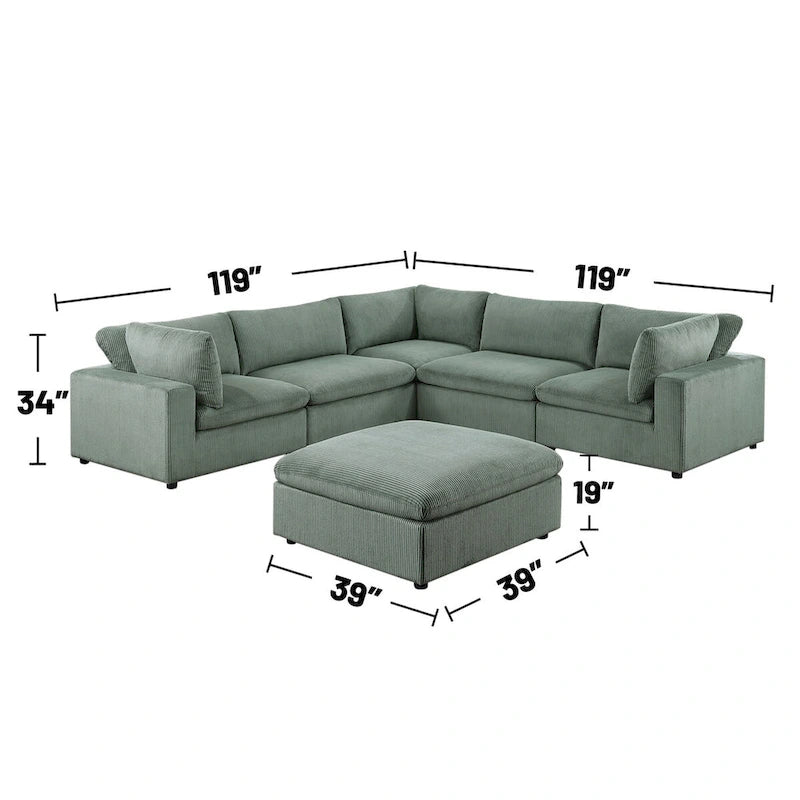 Canapé d'angle modulaire 6 pièces en velours côtelé avec pouf