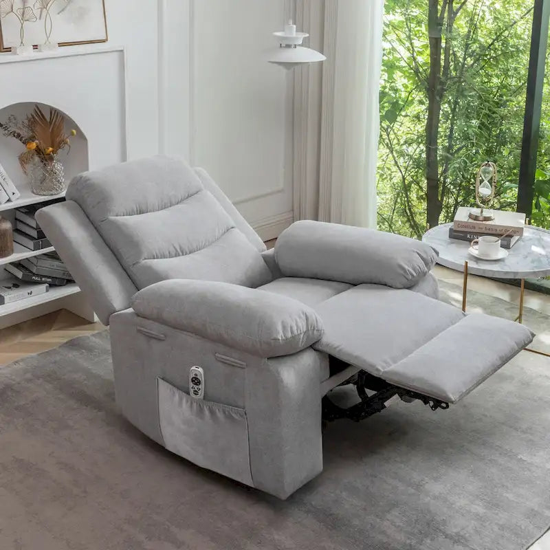 Fauteuil inclinable électrique ergonomique en velours gris clair, avec fonction chauffante et massante, structure en acier.