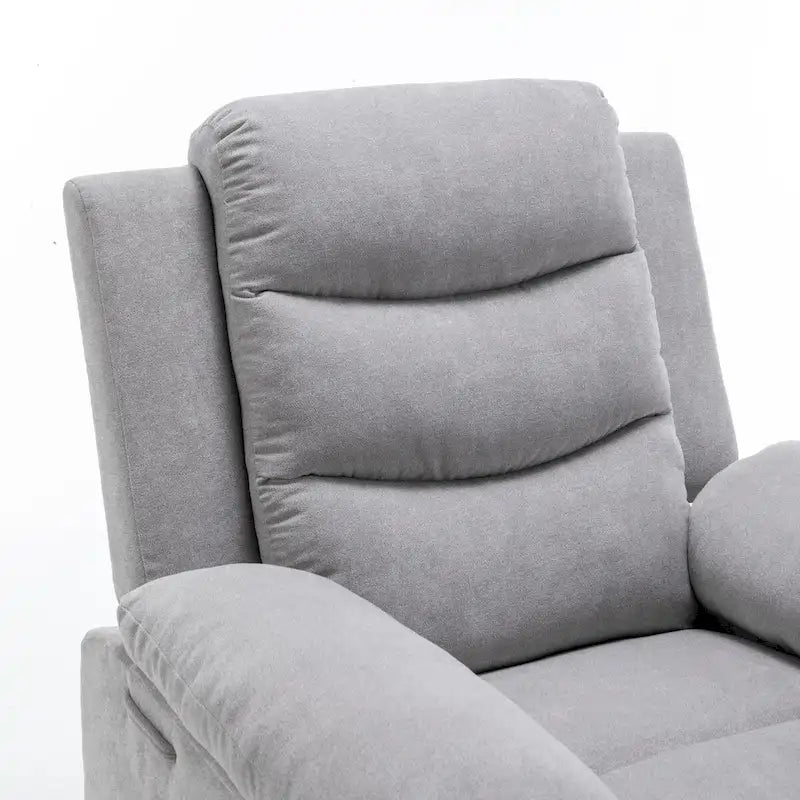 Fauteuil inclinable électrique ergonomique en velours gris clair, avec fonction chauffante et massante, structure en acier.