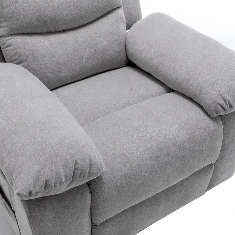 Fauteuil inclinable électrique ergonomique en velours gris clair, avec fonction chauffante et massante, structure en acier.