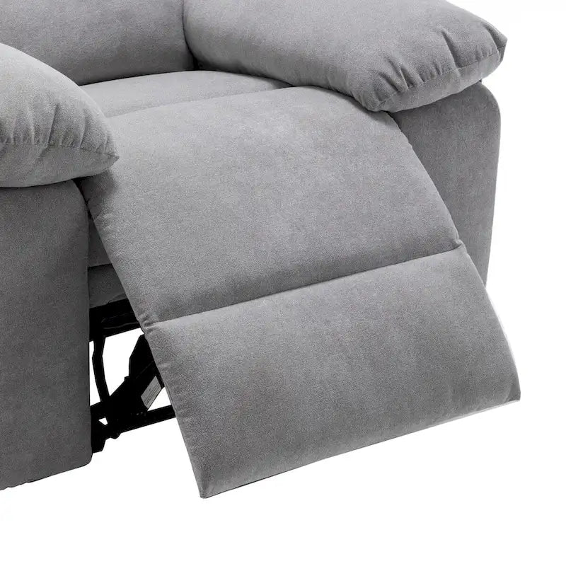 Fauteuil inclinable électrique ergonomique en velours gris clair, avec fonction chauffante et massante, structure en acier.