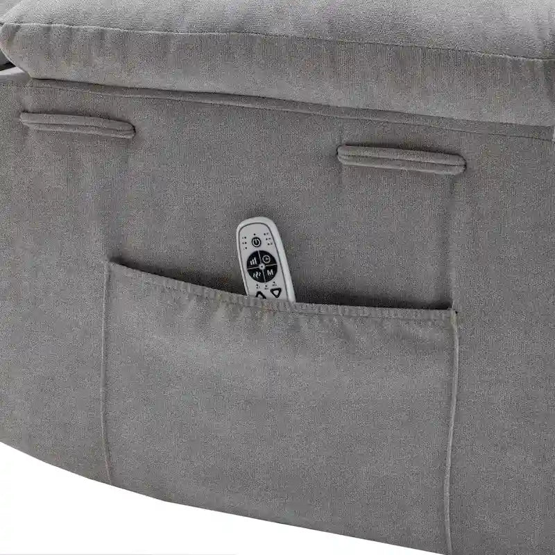 Fauteuil inclinable électrique ergonomique en velours gris clair, avec fonction chauffante et massante, structure en acier.