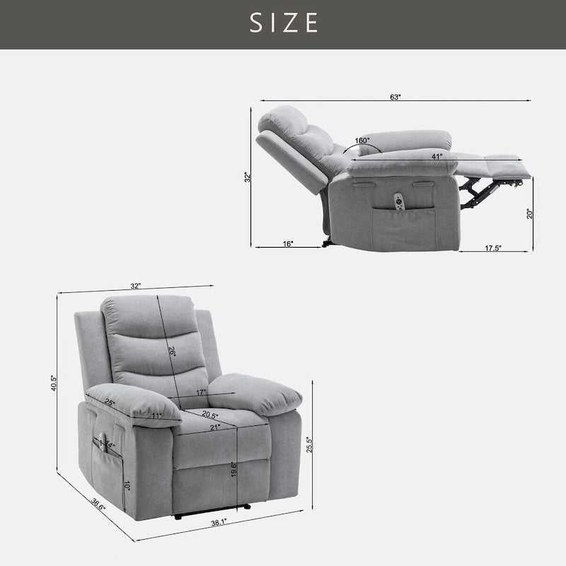 Fauteuil inclinable électrique ergonomique en velours gris clair, avec fonction chauffante et massante, structure en acier.