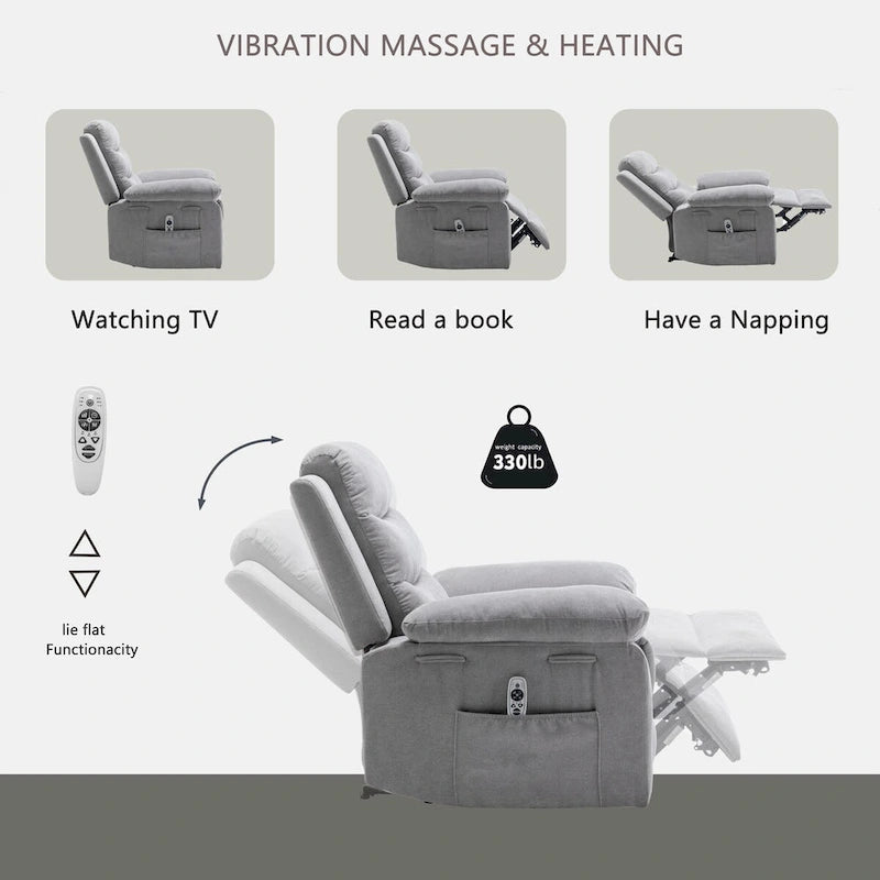 Fauteuil inclinable électrique ergonomique en velours gris clair, avec fonction chauffante et massante, structure en acier.