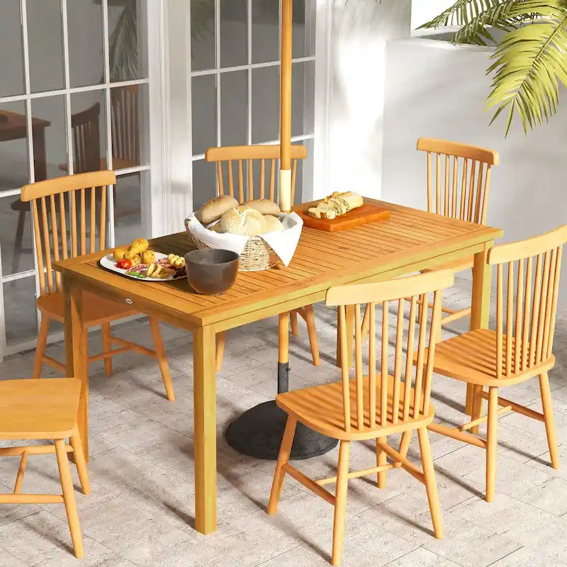 Table de patio rectangulaire Outsunny pour 6 personnes, table de repas d'extérieur avec trou pour parasol, table en bois d'acacia pour jardin, cour, terrasse